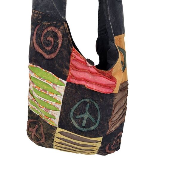 Handmade Black Patchwork‎ Hobo Hippie Patchwork Crossbody Sling Bag Peace - Picture 1 of 10
